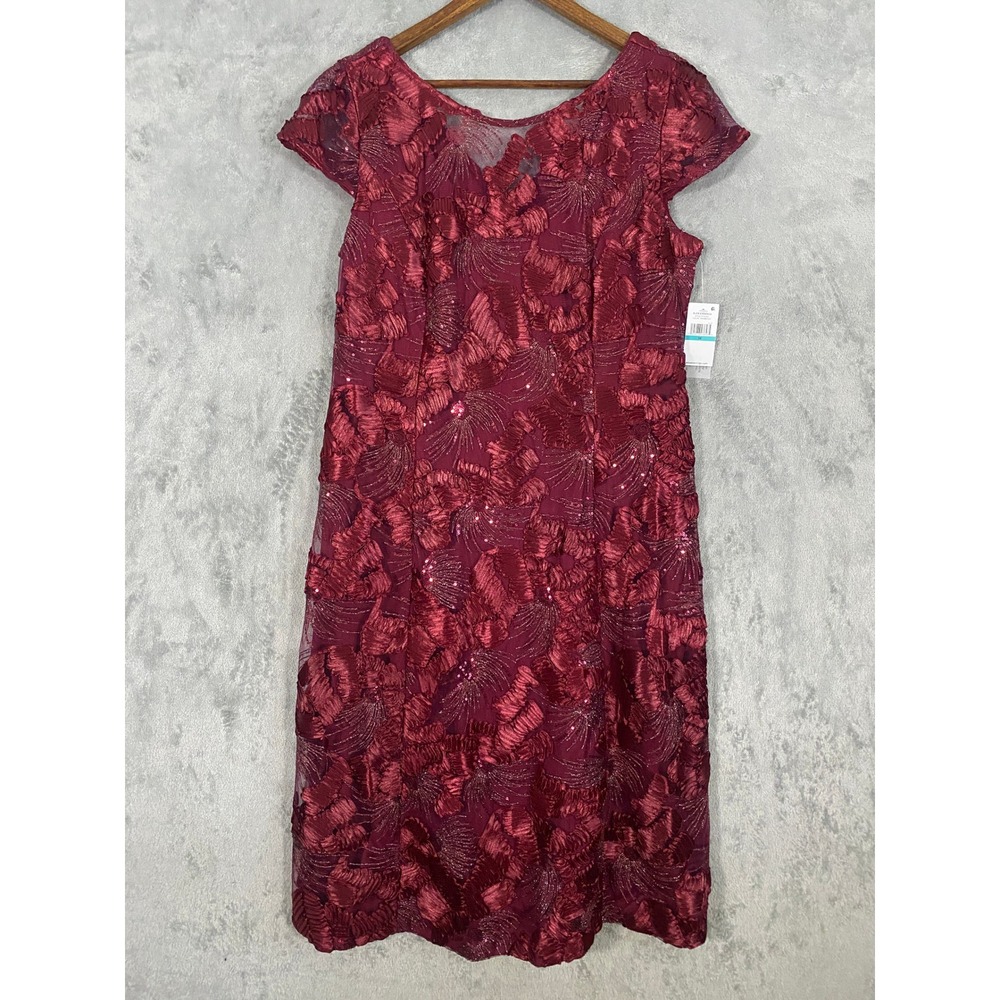 Alex Evenings Dress Women 16 Cranberry Red Sheath Floral Sequin Glam Formal Gala